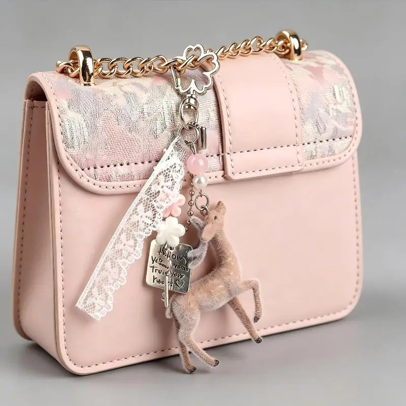 Cute Flocked Deer Keychain With Pearl Beads And Inspirational Tag Perfect For Backpack Purse Decoration And Gifting