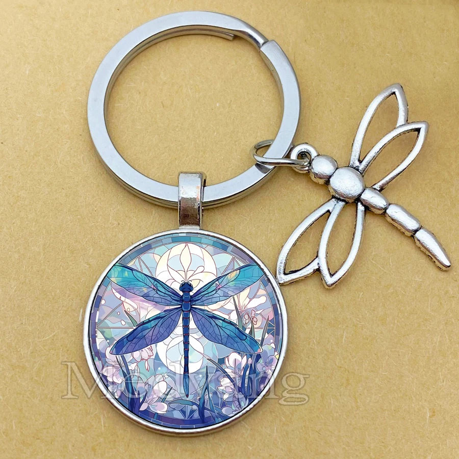 Dragonfly Glass Dome Pendant Keychain