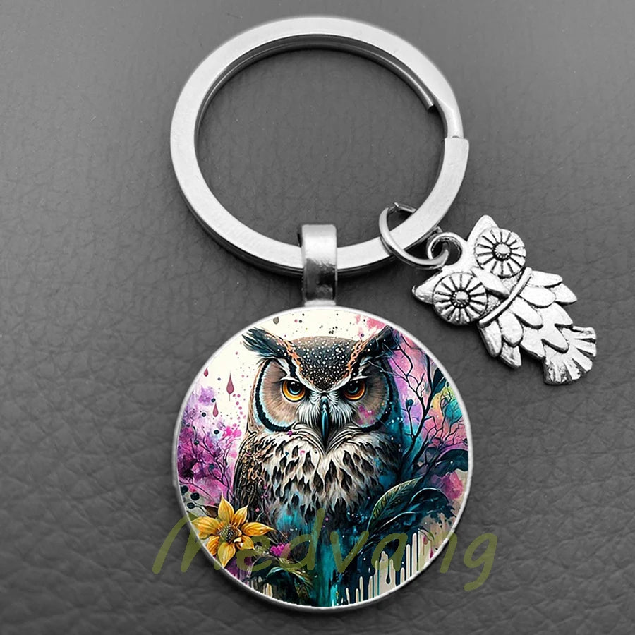 New Cute Owl Keychain with Large Eyes Owl Retro Pattern Glass Convex Keychain Creative Men's and Women's Car Bag Pendant Jewelry