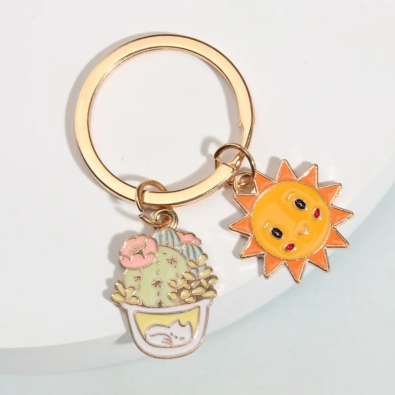 Cactus and Sun Metal Charm Keychain