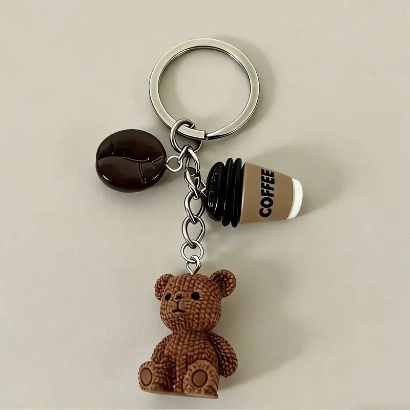 Bear & Coffee Charm Keychain with Metal Ring
