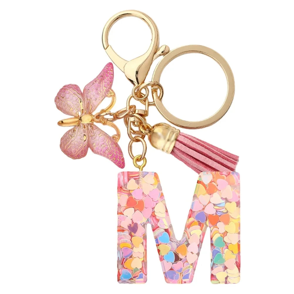 Initial Letter Keychain with Butterfly and Tassel