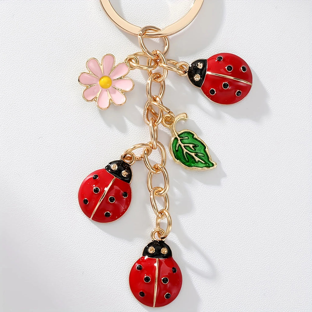Enamel Ladybug and Flower Charm Keychain