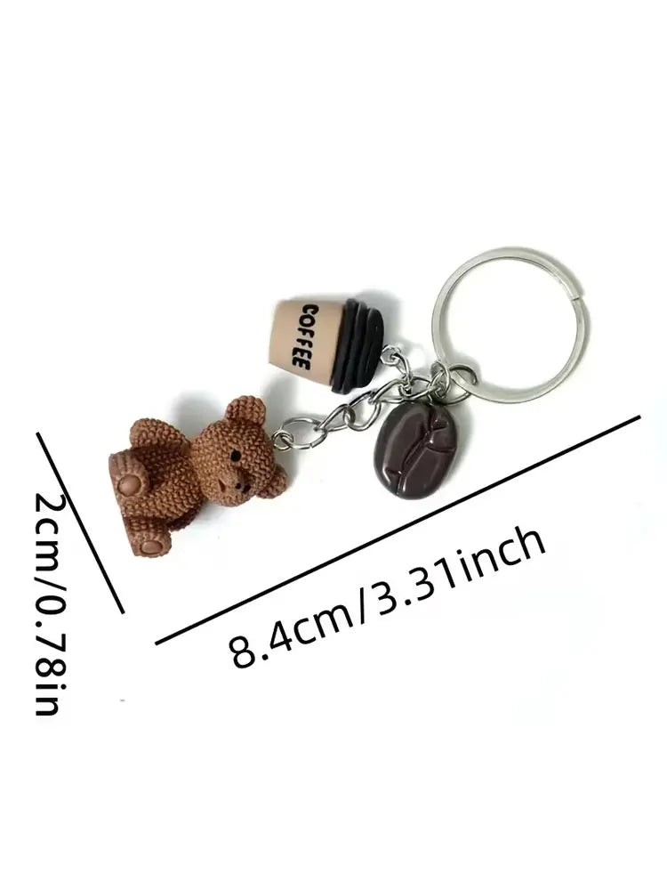 Bear & Coffee Charm Keychain with Metal Ring