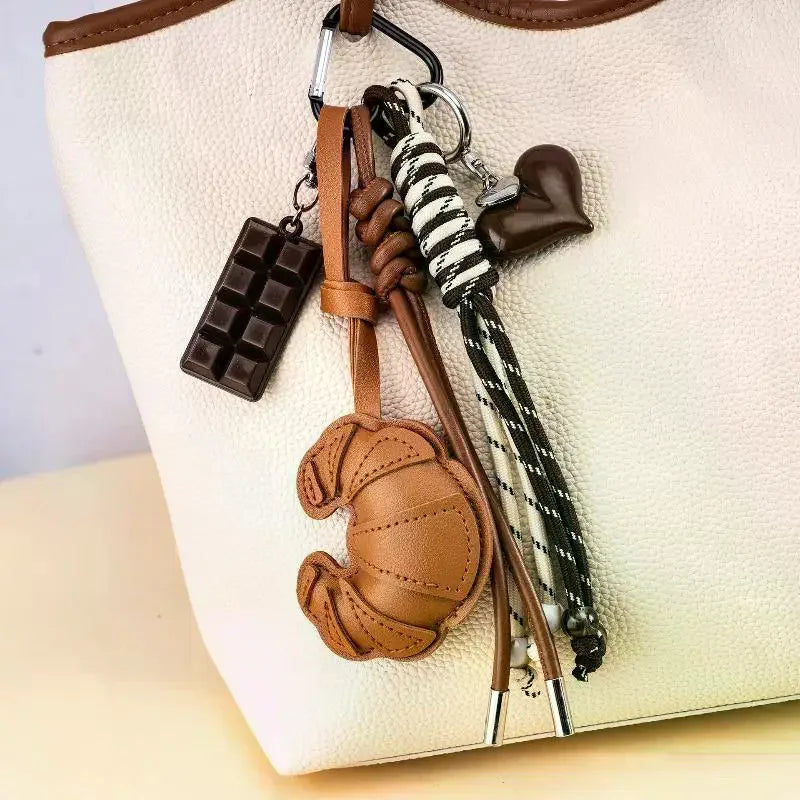 Faux Leather Croissant Keychain with Braided Lanyard