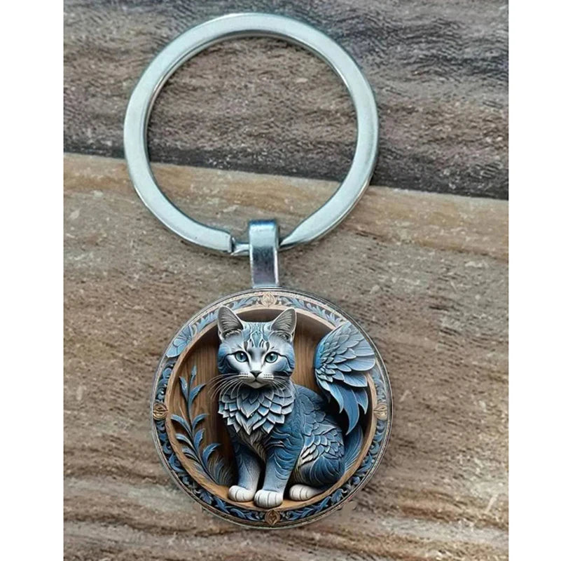 Cat Theme Keychain in Silver-Tone Zinc Alloy