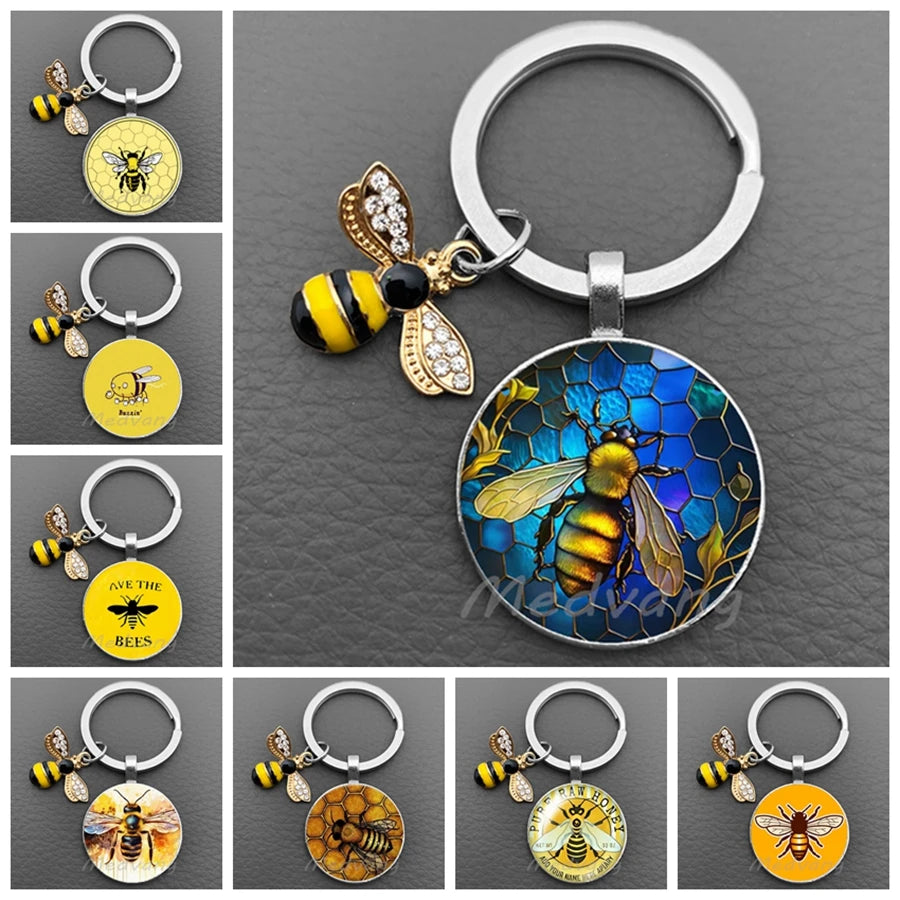 Bee-Themed Glass Dome Keychain with Charm