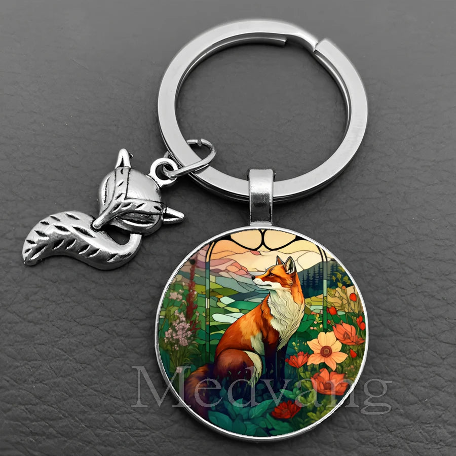 Fox Glass Cabochon Keychain with Sculpted Charm