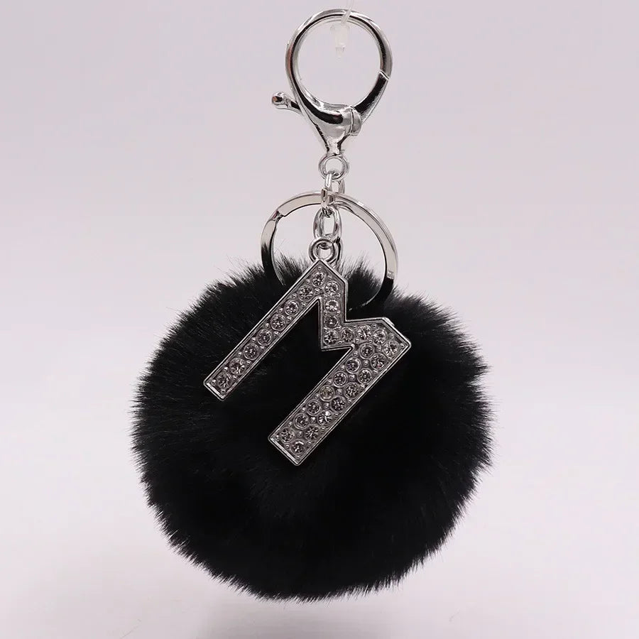 Black Plush Pom-Pom Keychain with Rhinestone Initial