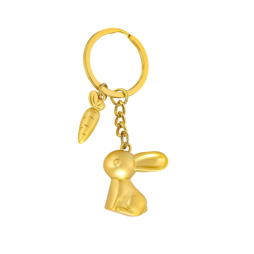 Rabbit and Carrot Metal Keychain in Satin Gold