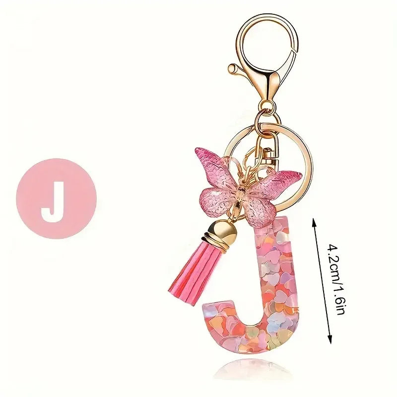 Initial Letter Keychain with Butterfly and Tassel