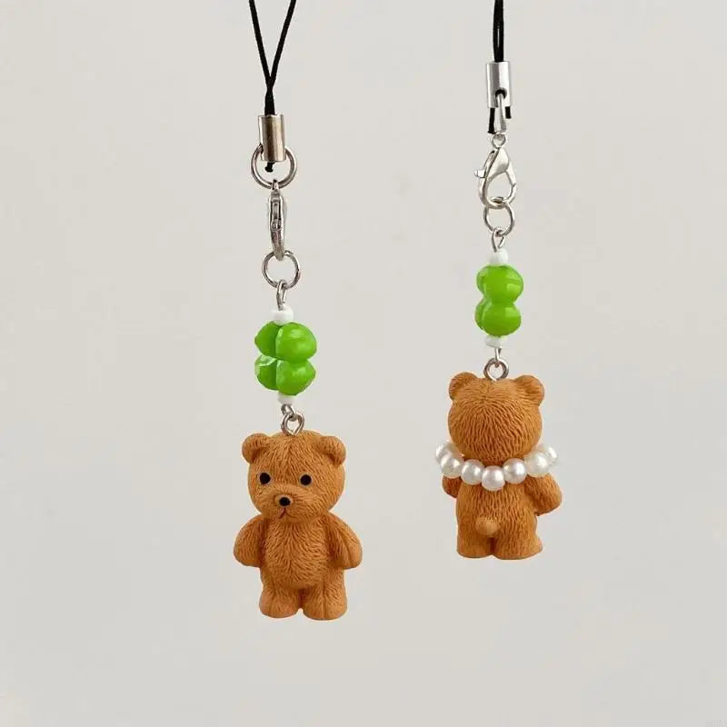 Bear Charm Keychain with Green Bead Accent