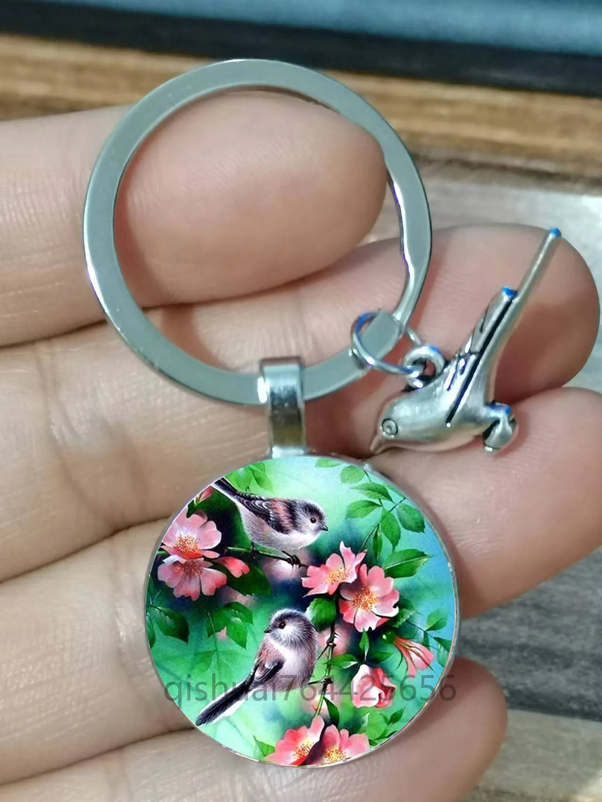 Vintage Round Bird Art Keychain
