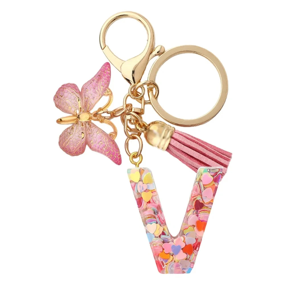 Initial Letter Keychain with Butterfly and Tassel