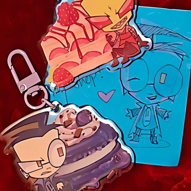 Acrylic Keychain Charms - Colorful, Cake - Shaped | Invader Zim - Inspired Design with Zim, Dib,  Bag or Key Decor