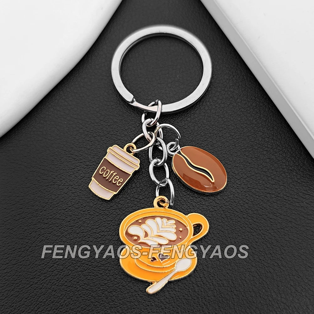 Coffee Theme Glass and Zinc Alloy Keychain