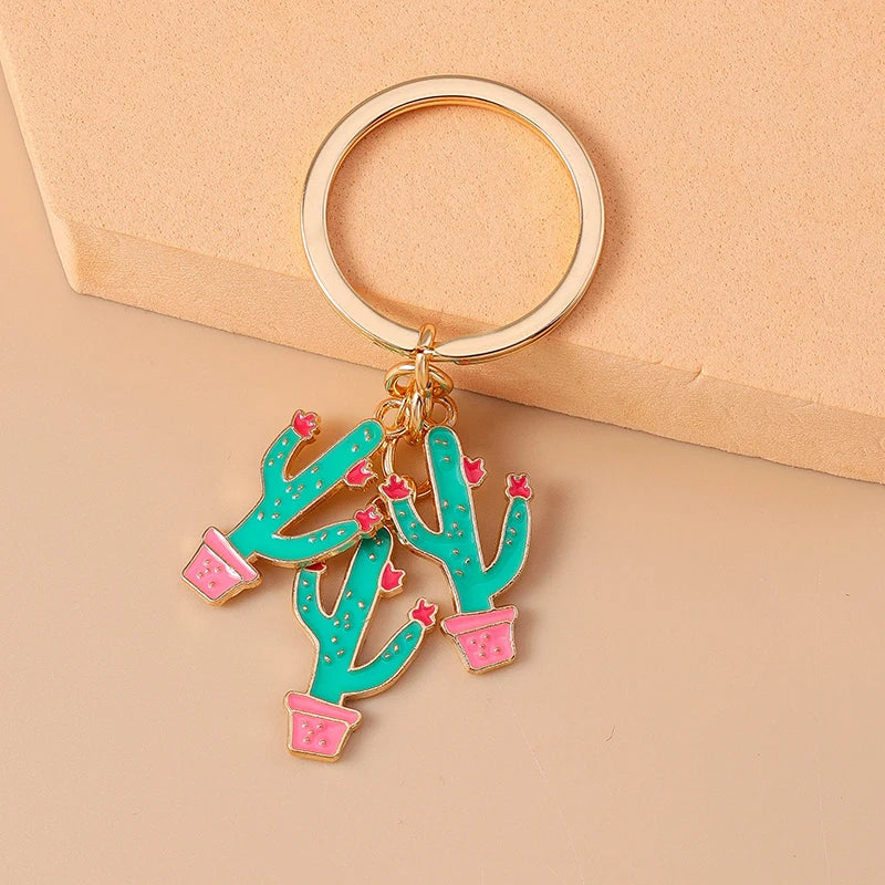 Enamel Cactus Keychain with Gold-Tone Hardware