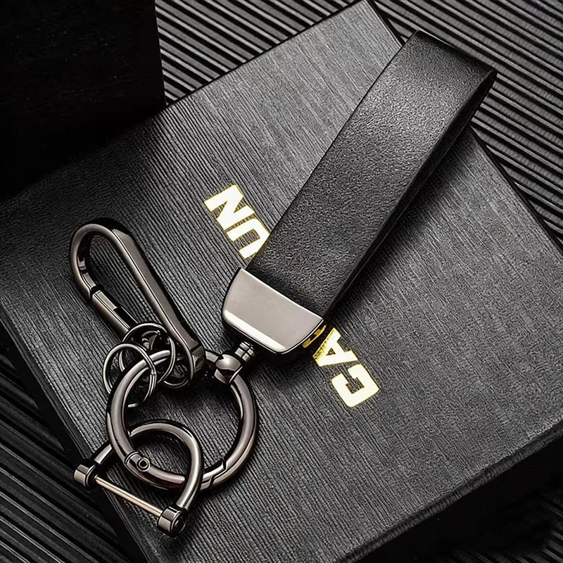 Crazy Horse Leather Car Keychain with Metal Ring