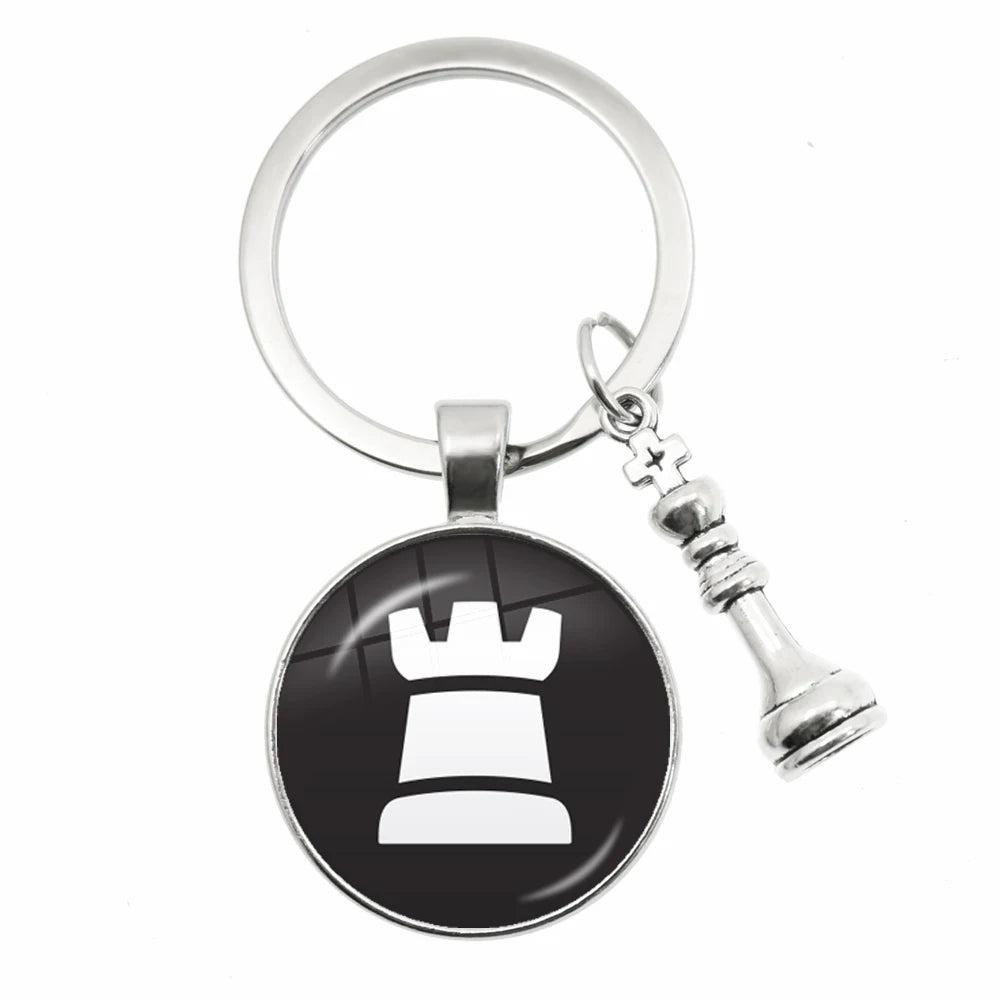 Chess Motif Glass Dome Keychain