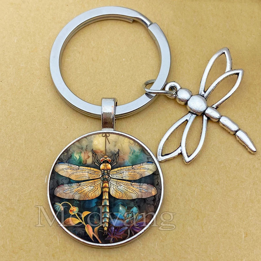 Dragonfly Glass Dome Keychain with Silver Finish