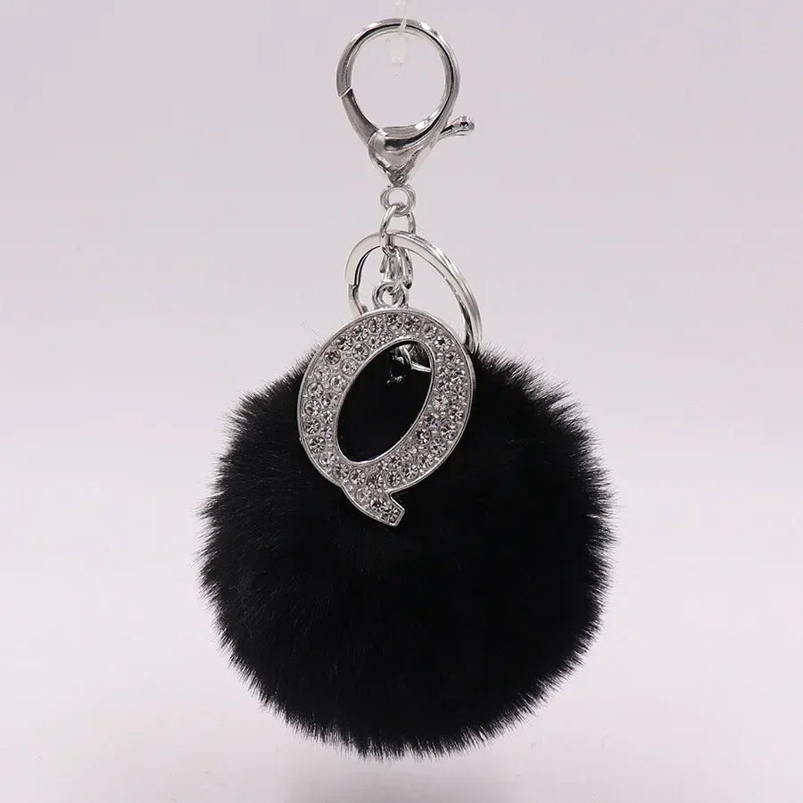Black Plush Pom-Pom Keychain with Rhinestone Initial