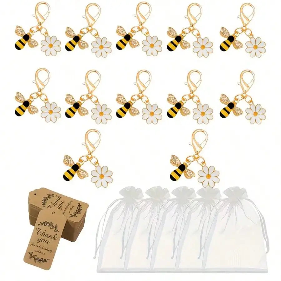 36-Piece Bee and Daisy Keychain Set: Includes 12 Bee Keychains, 12 Cards, and 12 Tulle Bags.