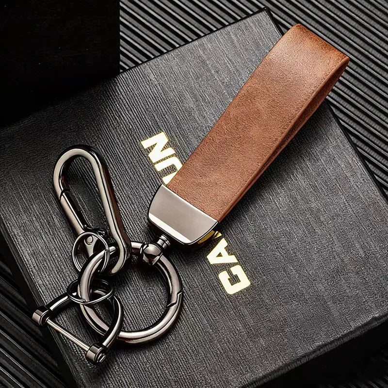 Crazy Horse Leather Car Keychain with Metal Ring