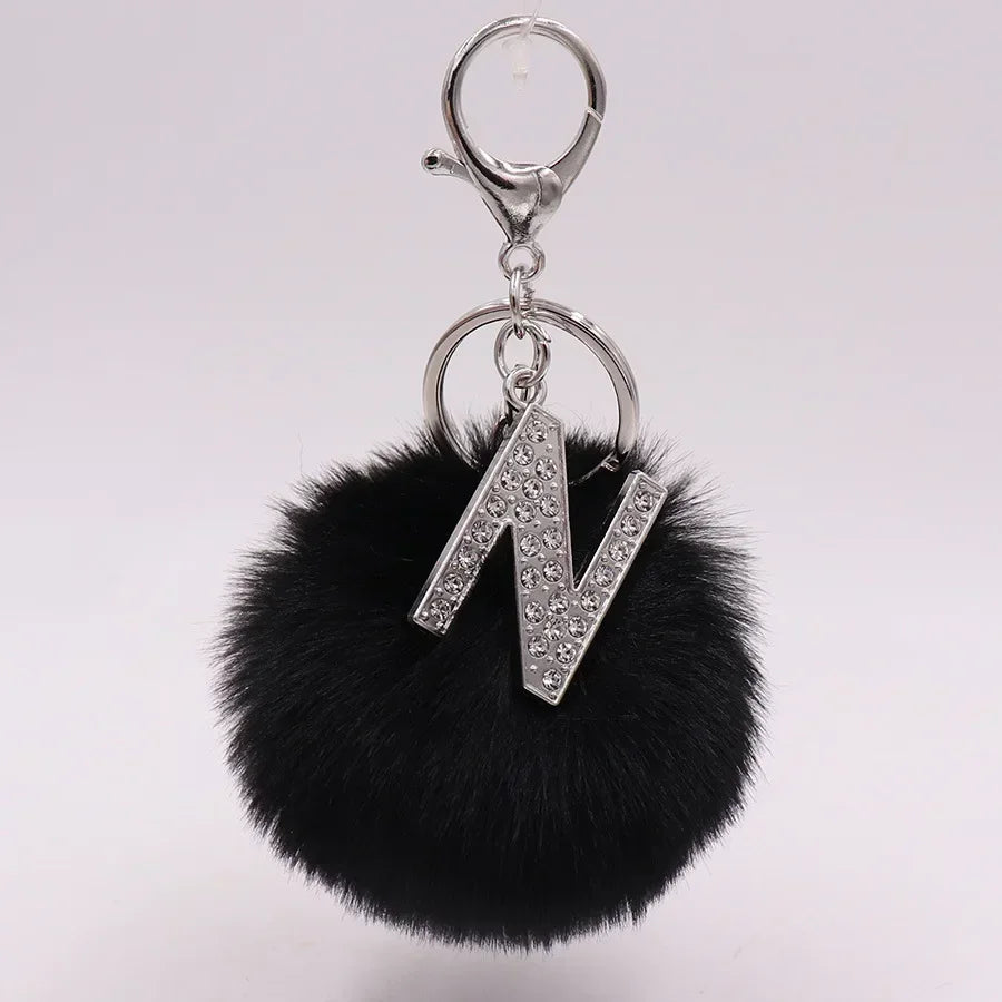 Black Plush Pom-Pom Keychain with Rhinestone Initial