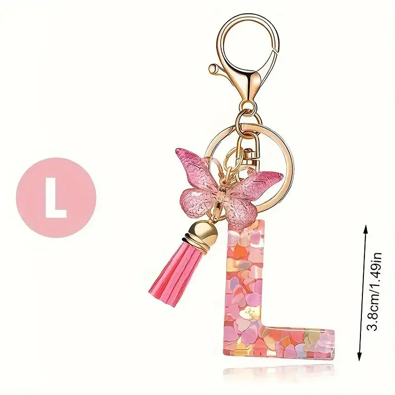 Initial Letter Keychain with Butterfly and Tassel