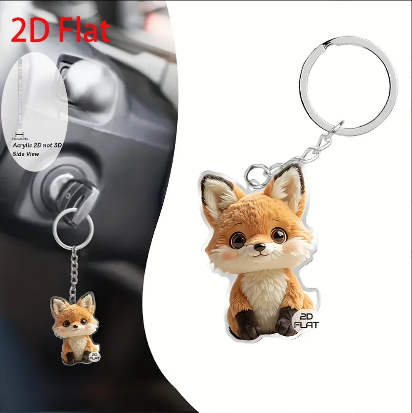 Adorable 2D Fox Keychain with Rose Acrylic Hanging Ornament Durable Car Pendant Lightweight Halloween Holiday Gift Charm for Car