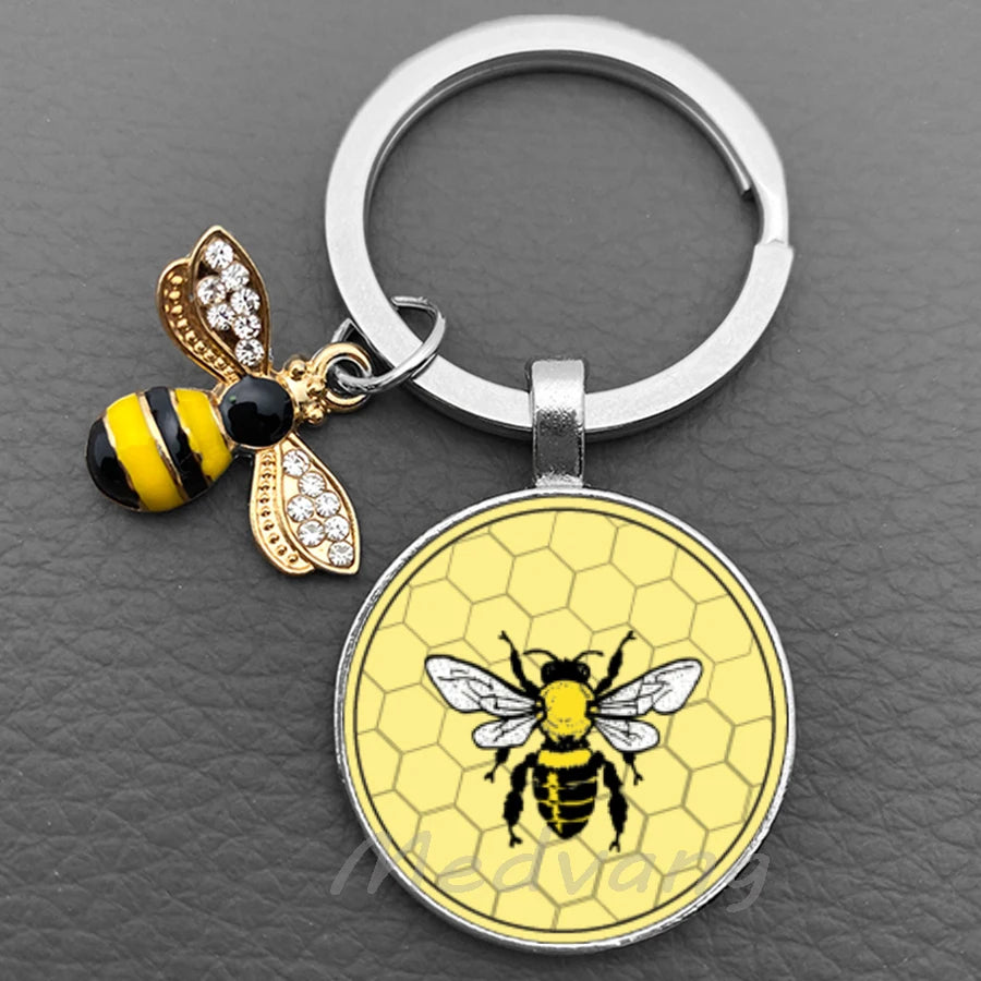 Bee-Themed Glass Dome Keychain with Charm