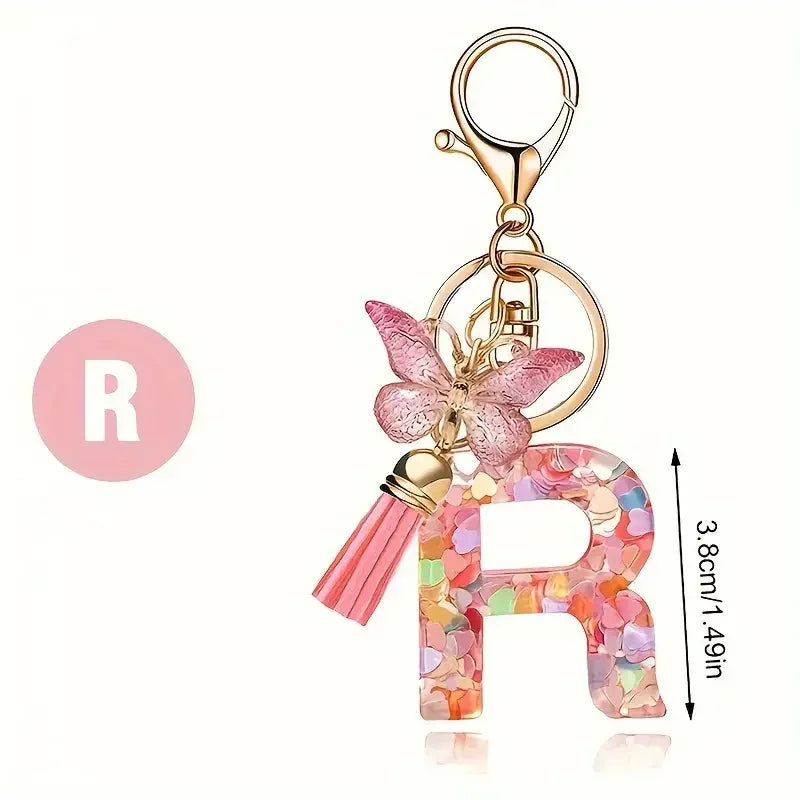 Initial Letter Keychain with Butterfly and Tassel