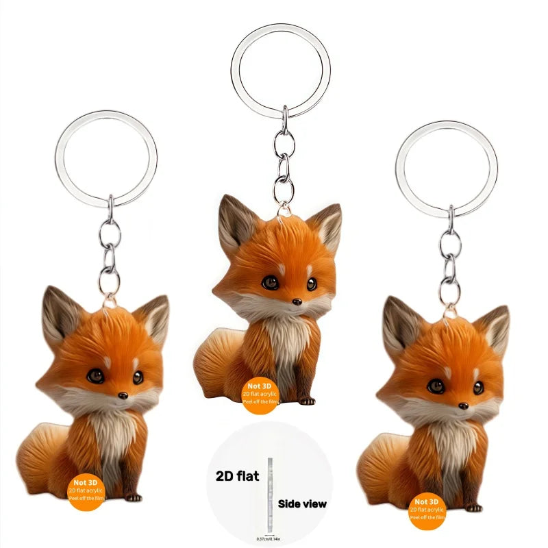 Adorable 2D Fox Keychain with Rose Acrylic Hanging Ornament Durable Car Pendant Lightweight Halloween Holiday Gift Charm for Car