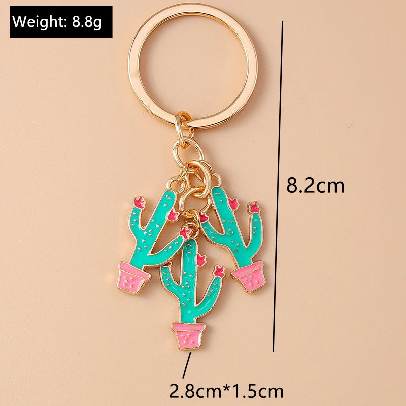 Enamel Cactus Keychain in Gold-Tone Alloy