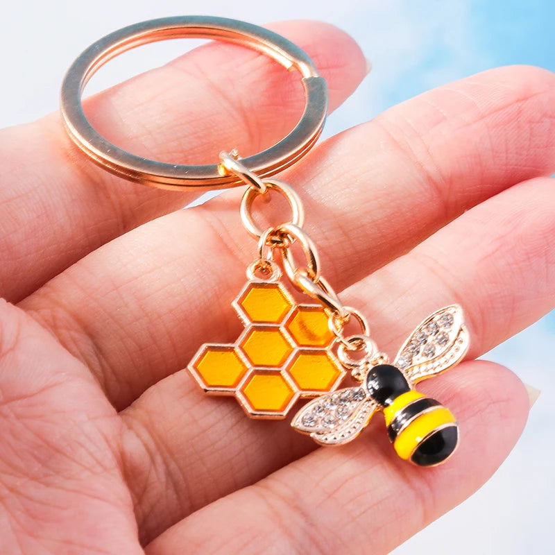 Bee and Honeycomb Charm Keychain in Rose Gold Tone