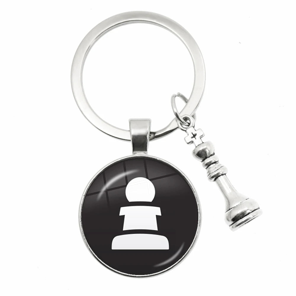 Chess Motif Glass Dome Keychain