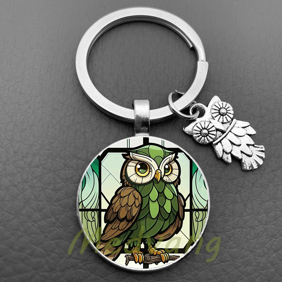 New Cute Owl Keychain with Large Eyes Owl Retro Pattern Glass Convex Keychain Creative Men's and Women's Car Bag Pendant Jewelry