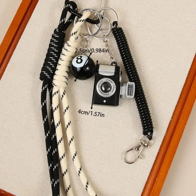 Cute Bag Pendant Keychain Mini Camera 8 Ball Braided Strap Handbag Backpack Key Decor