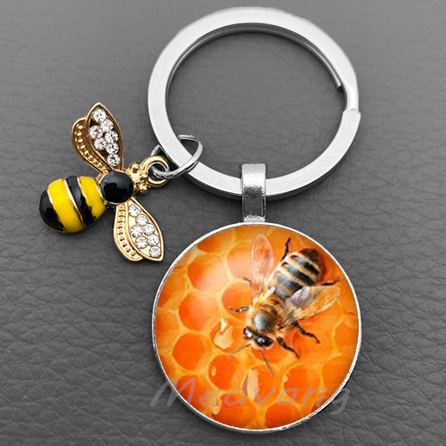 Bee-Themed Glass Dome Keychain with Charm