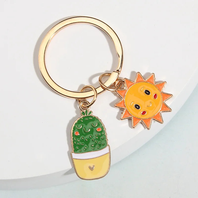Cactus and Sun Metal Charm Keychain