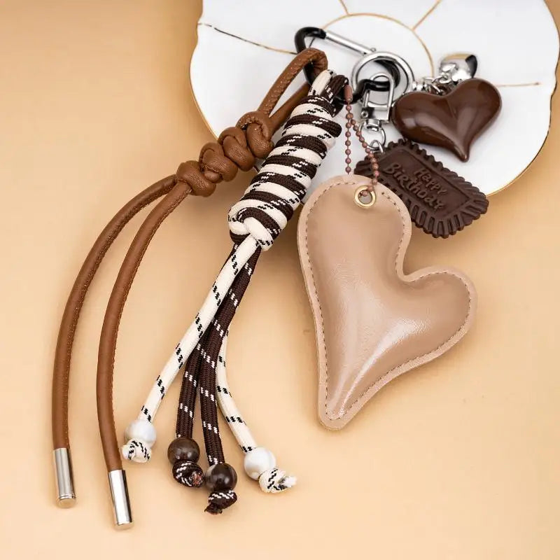 Faux Leather Croissant Keychain with Braided Lanyard