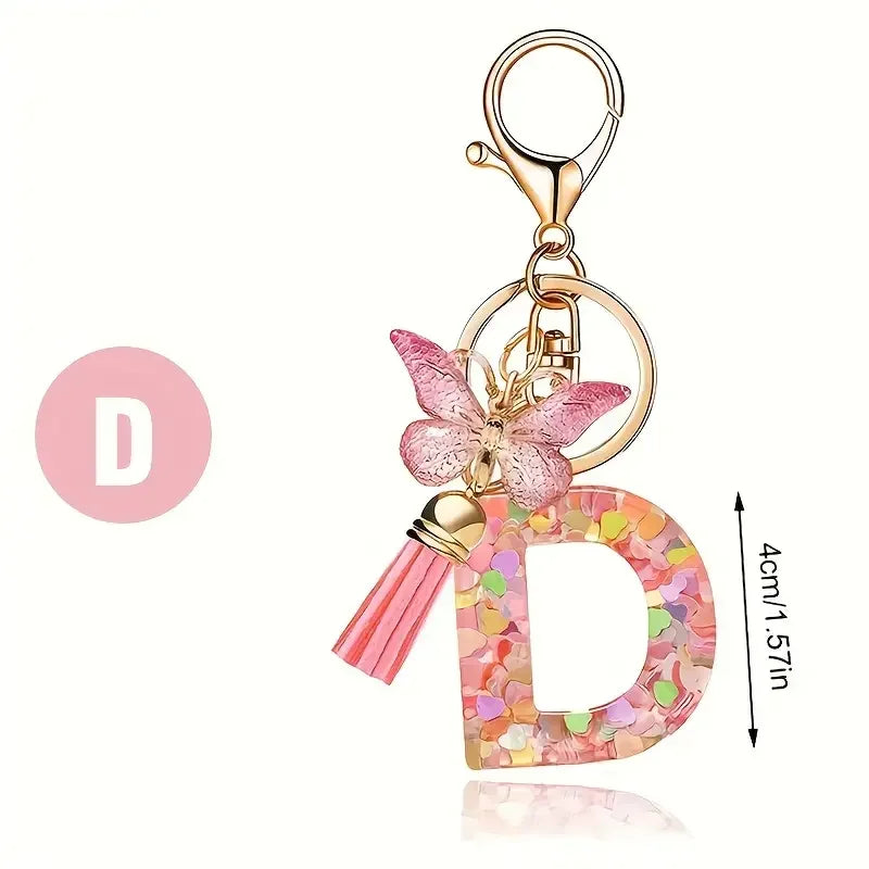 Initial Letter Keychain with Butterfly and Tassel