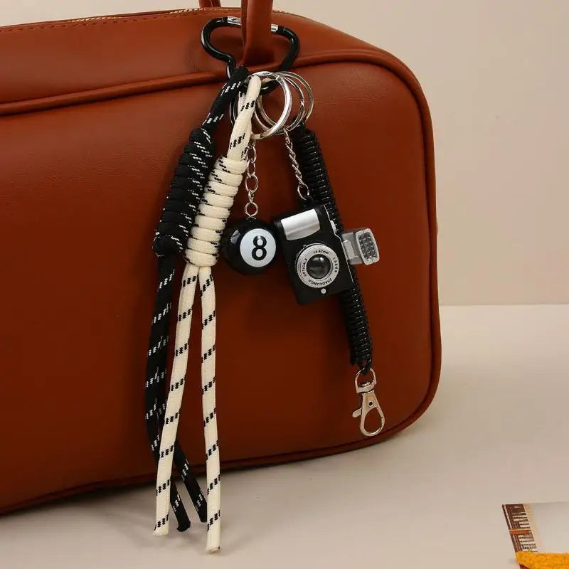 Cute Bag Pendant Keychain Mini Camera 8 Ball Braided Strap Handbag Backpack Key Decor