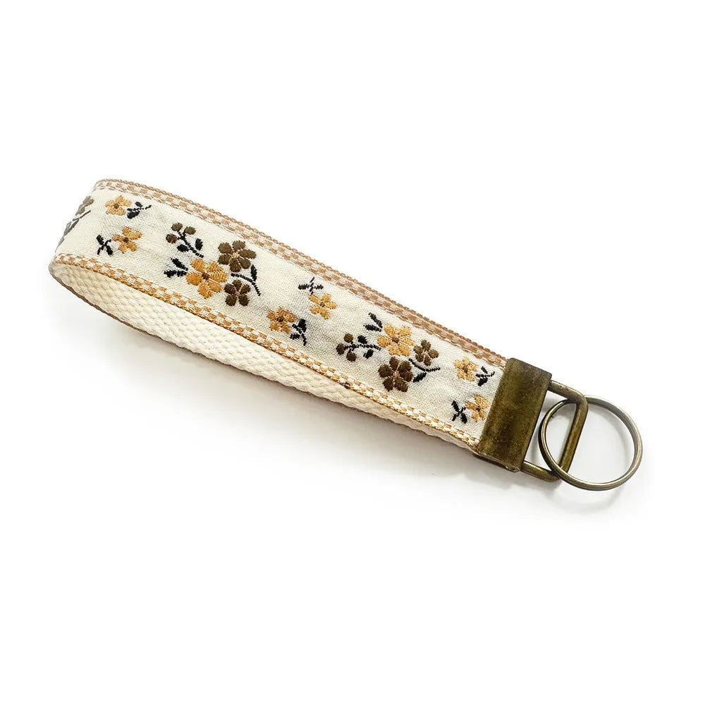 Floral Embroidered Fabric Wristlet Keychain