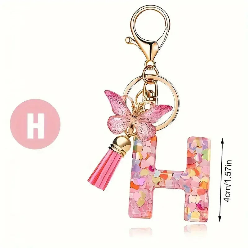 Initial Letter Keychain with Butterfly and Tassel