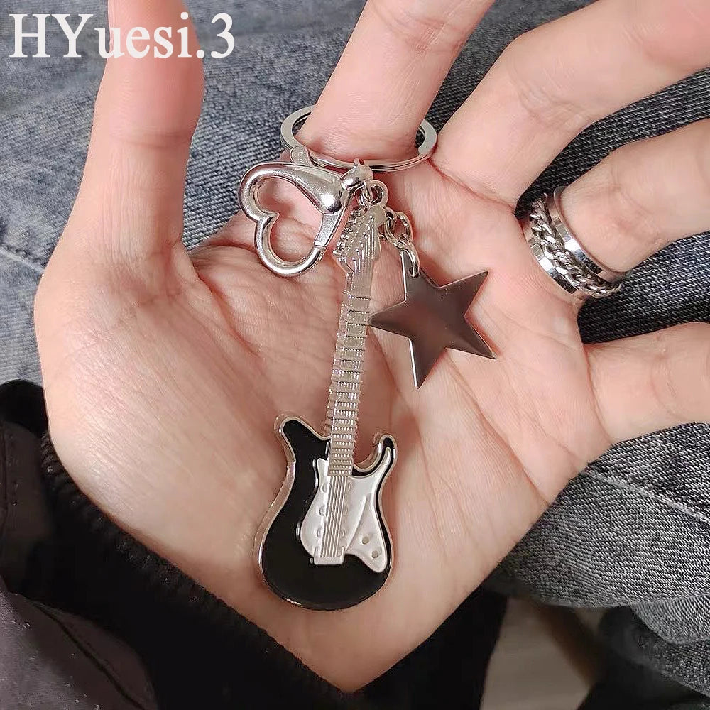Metal Guitar Keychain in Silver-Tone Zinc Alloy