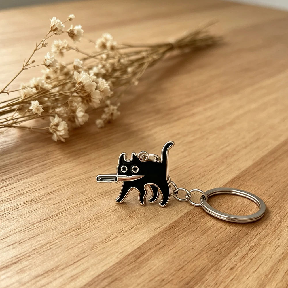 Black Cat with Knife Enamel Keychain