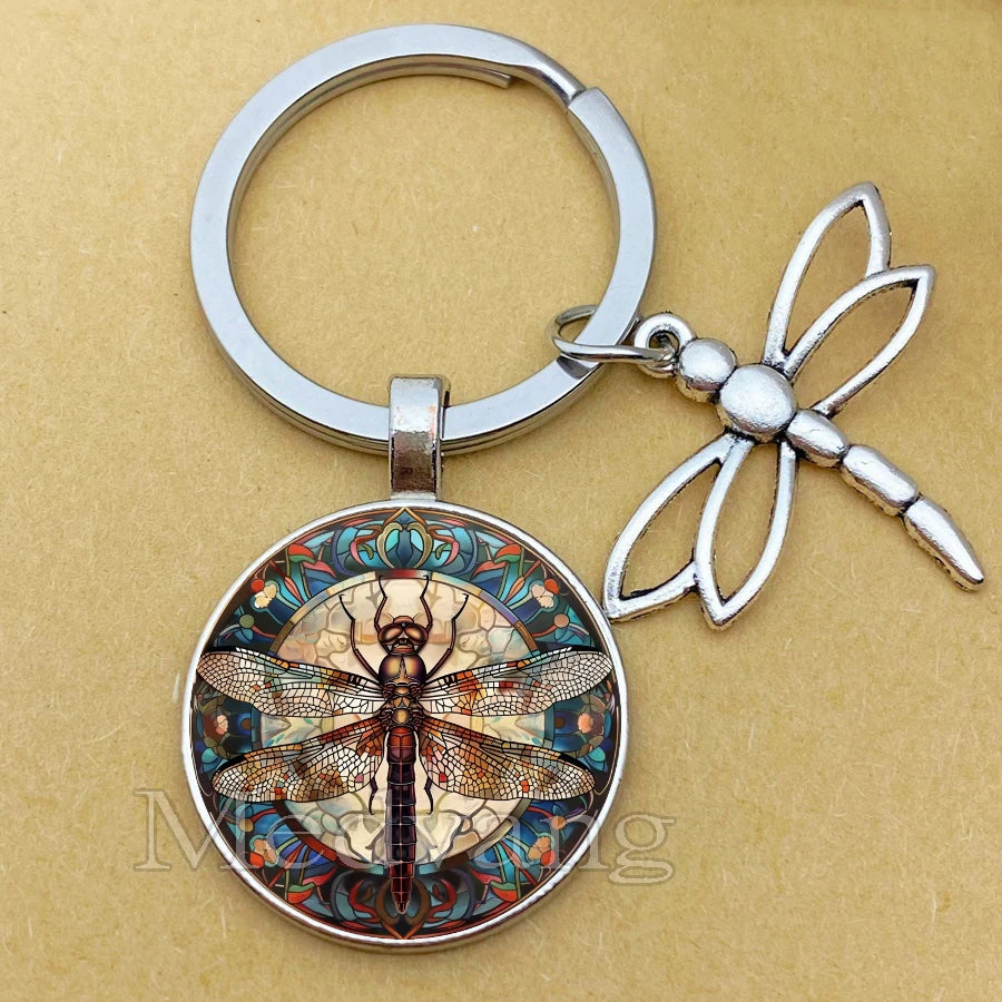 Dragonfly Glass Dome Keychain with Silver Finish