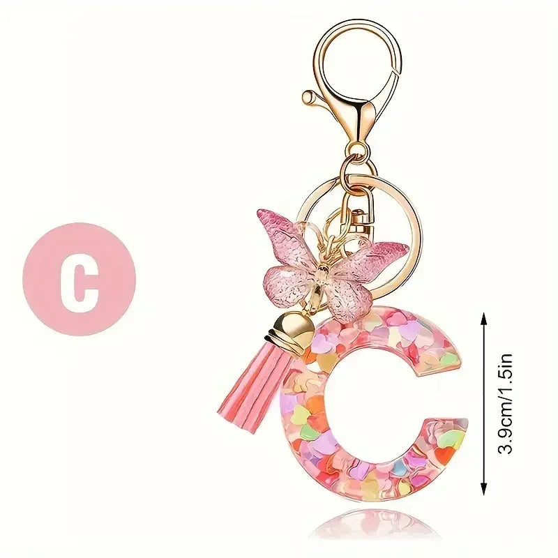 Initial Letter Keychain with Butterfly and Tassel