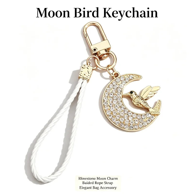 Moon and Hummingbird Rhinestone Keychain